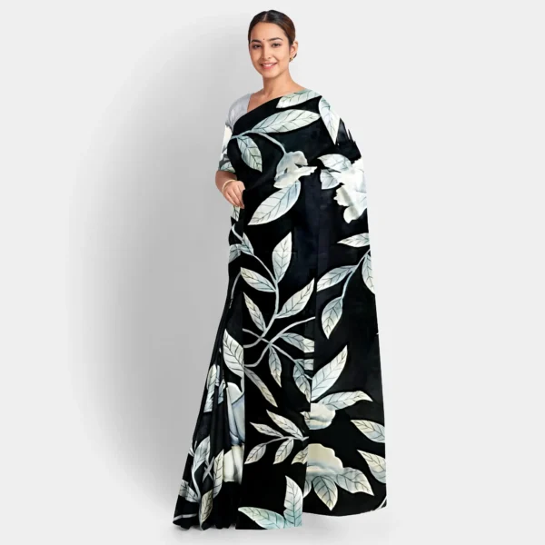 Black With White Floral Hand Printed Silk Saree - Image 2