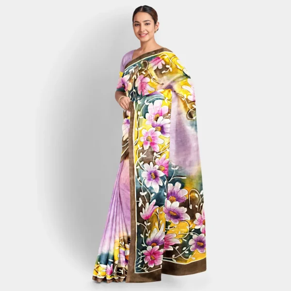 Pink Base & Floral Hand Printed Silk Saree - Image 2
