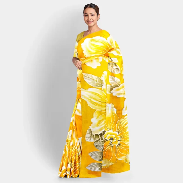 Golden Yellow With White Floral Hand Printed Silk Saree - Image 2