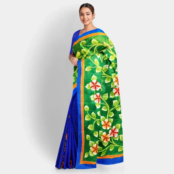Blue Shibori With Floral Hand Print Half & Half Silk Saree - Image 2