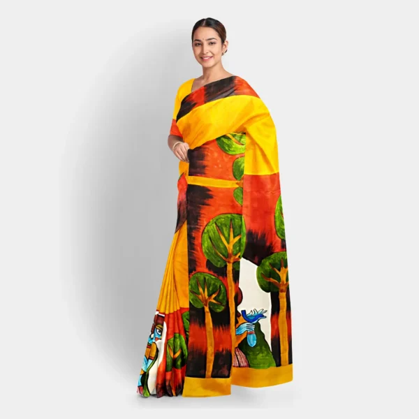 Deep Yellow With Hand Printed Silk Saree - Image 2