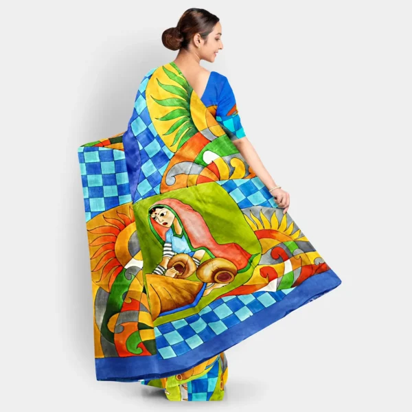 Blue Base With Abstract Hand Printed Work Silk Saree - Image 4