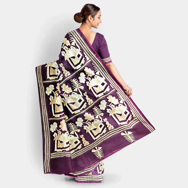 Deep Violet With Off-white Silk Kantha Work Saree - Image 4