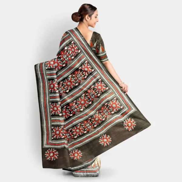 Natural With Deep Brown Colour Tussar Kantha Work Saree - Image 4