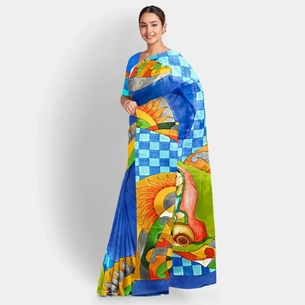 Blue Base With Abstract Hand Printed Work Silk Saree - Image 2