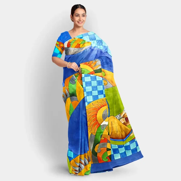 Blue Base With Abstract Hand Printed Work Silk Saree