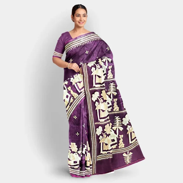 Deep Violet With Off-white Silk Kantha Work Saree