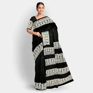 Black With White Silk Kantha Stitch Saree