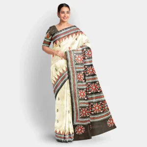 Natural With Deep Brown Colour Tussar Kantha Work Saree