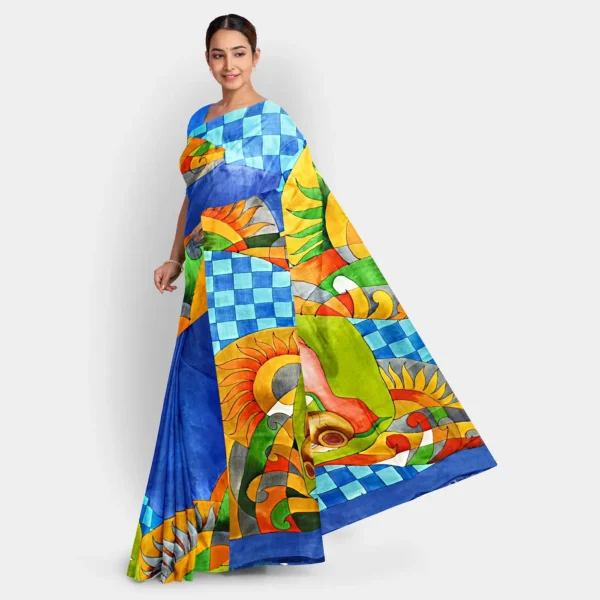 Blue Base With Abstract Hand Printed Work Silk Saree - Image 3