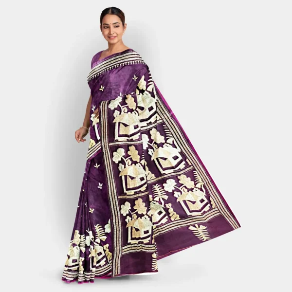 Deep Violet With Off-white Silk Kantha Work Saree - Image 3