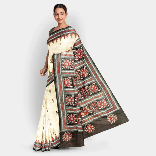 Natural With Deep Brown Colour Tussar Kantha Work Saree - Image 3