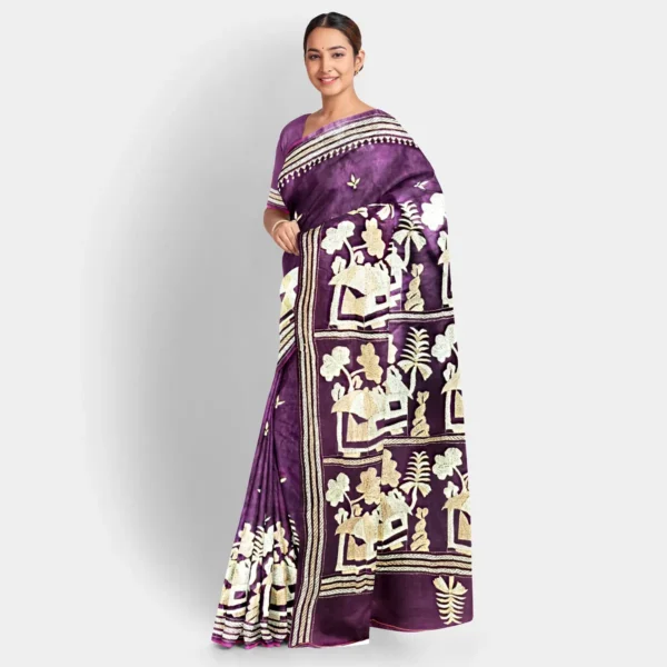 Deep Violet With Off-white Silk Kantha Work Saree - Image 2