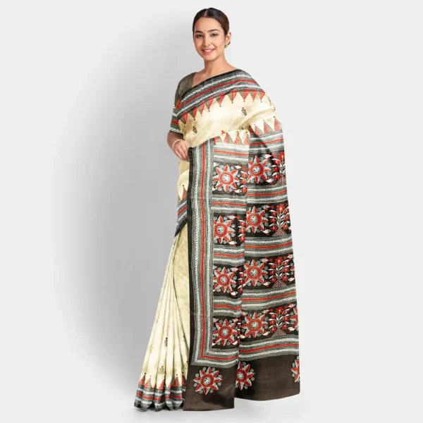 Natural With Deep Brown Colour Tussar Kantha Work Saree - Image 2