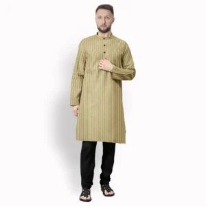 Light With Dark Beige And Red Bengal Stripe Cotton Kurta