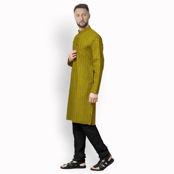 Dark Mustard And Black Shades With Stripe Cotton Kurta - Image 2