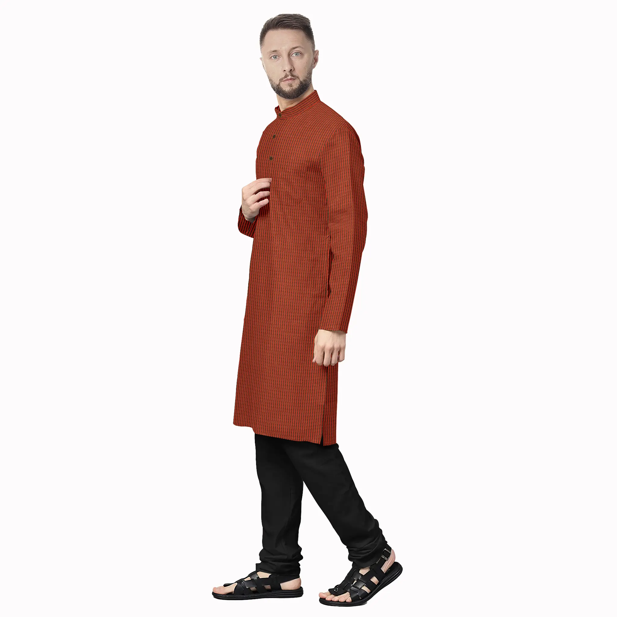 Deep Orange & Black Stripe Cotton Kurta - Image 2