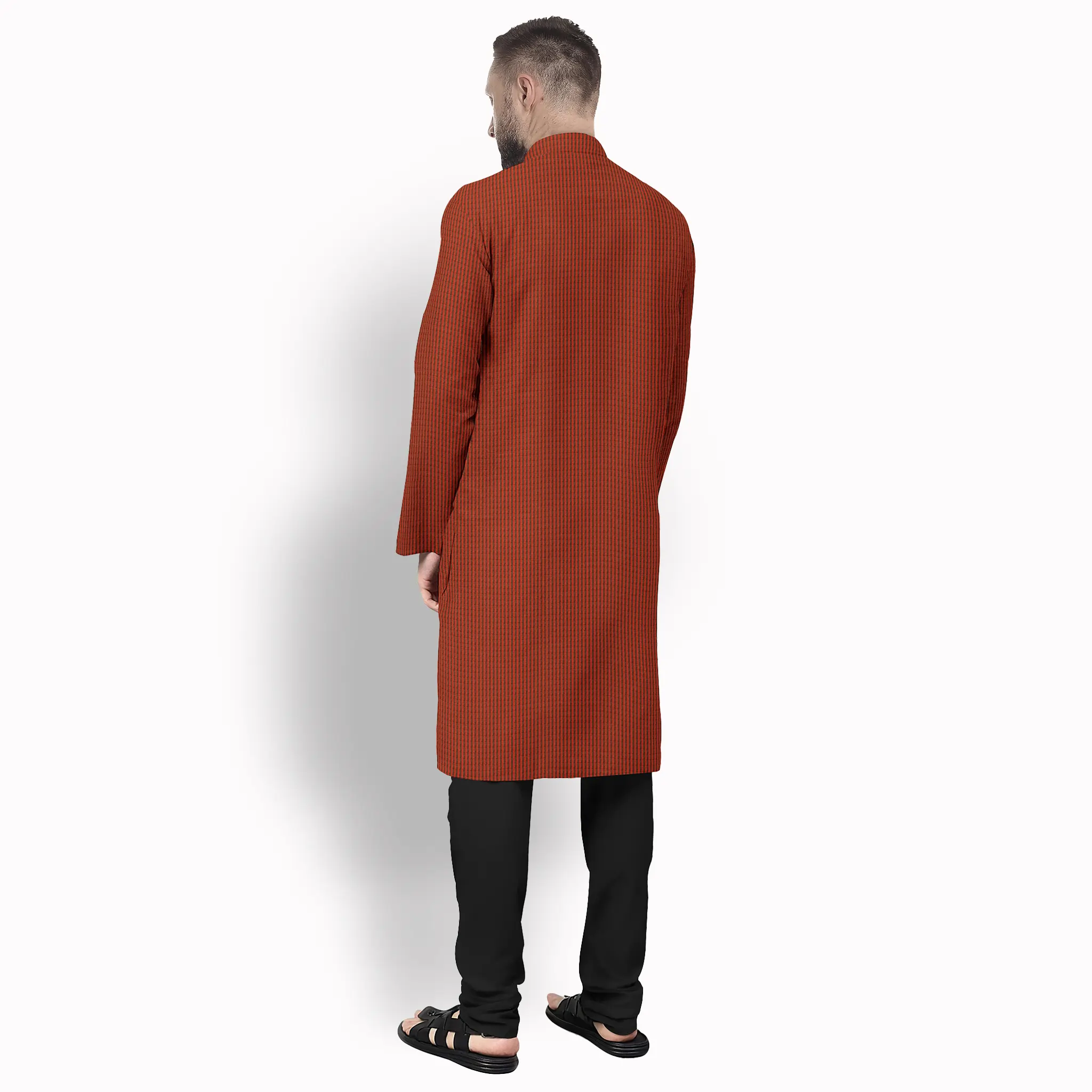 Deep Orange & Black Stripe Cotton Kurta - Image 3