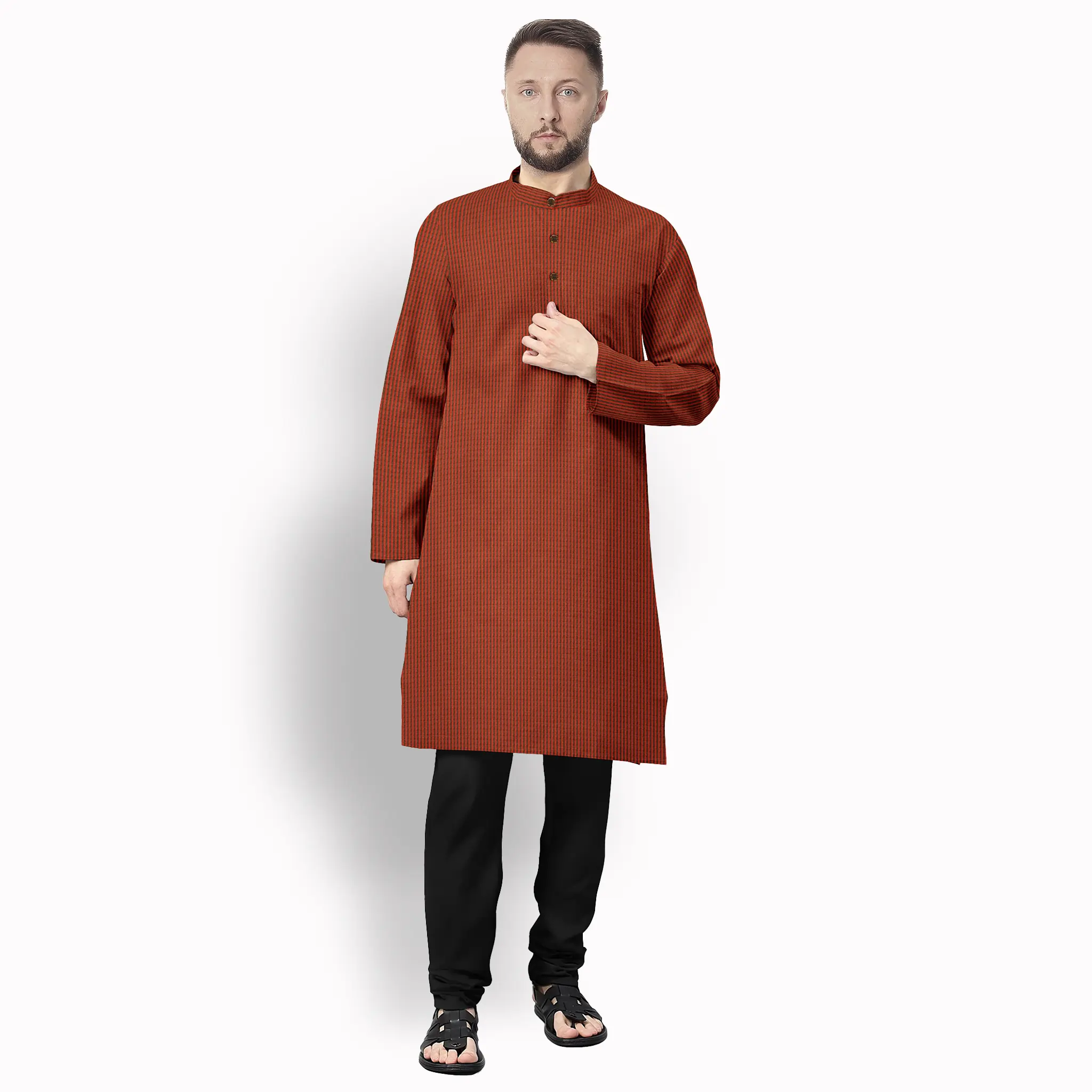 Deep Orange & Black Stripe Cotton Kurta
