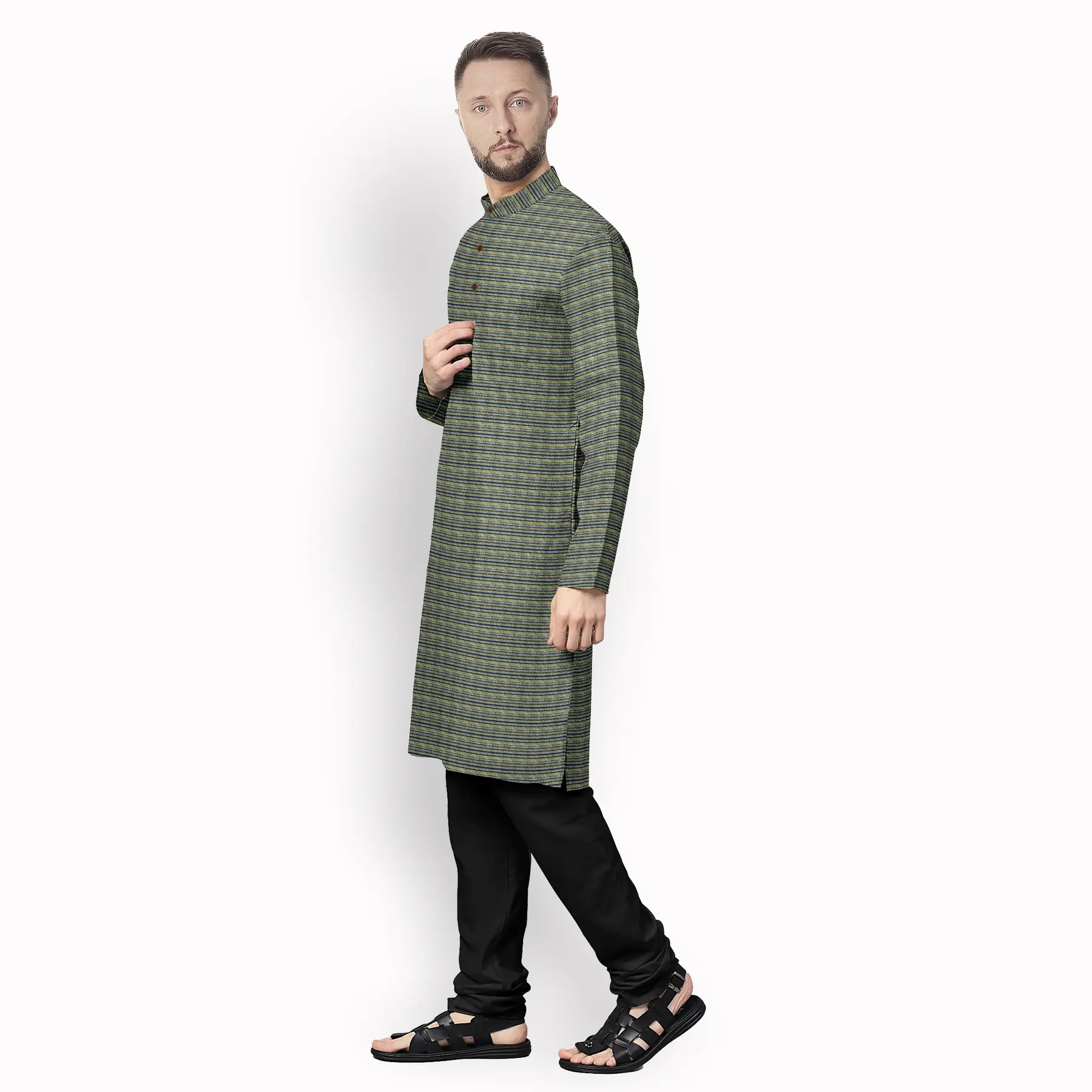 Grey With Parrot Green & Deep Blue Jharna Pattern Cotton Kurta - Image 2