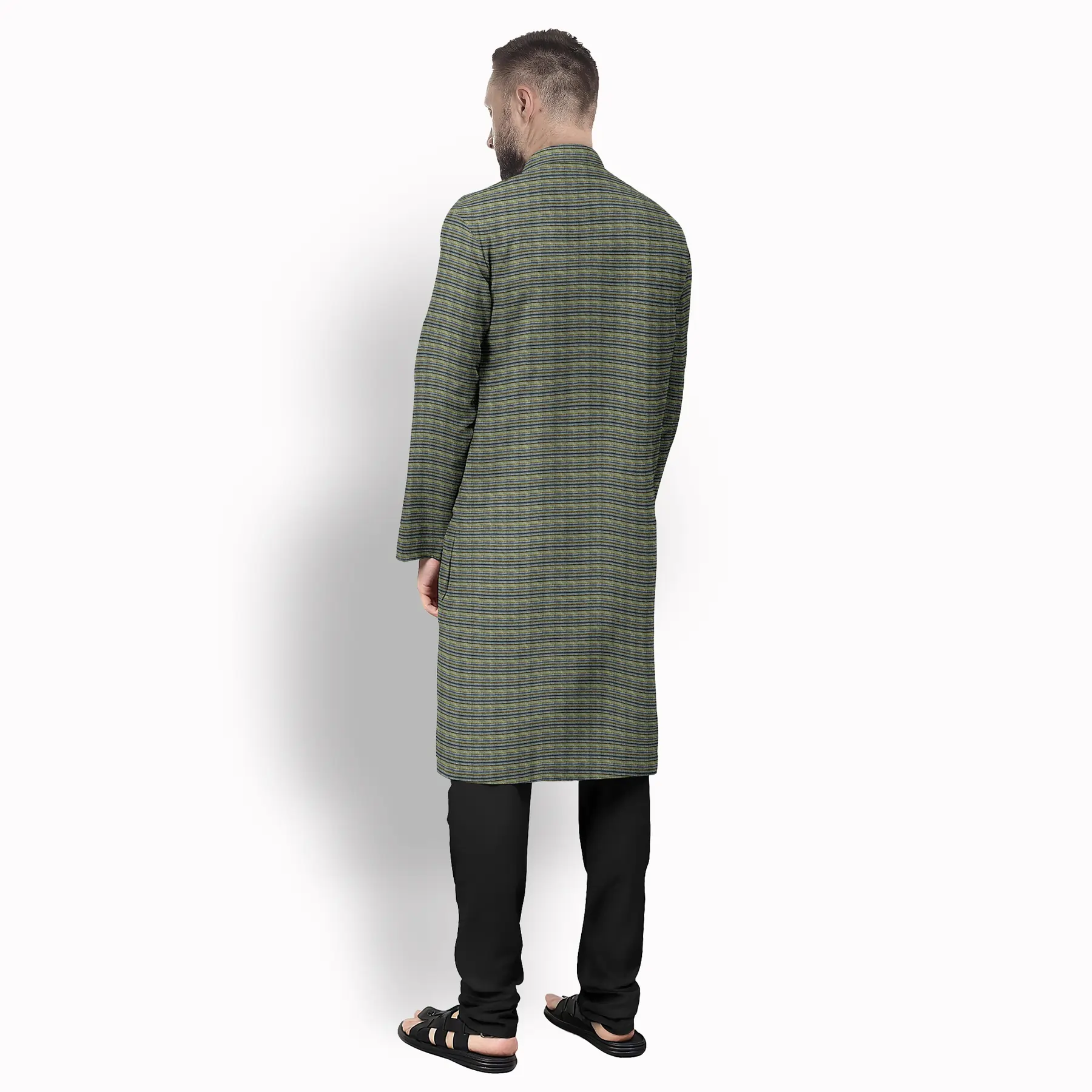 Grey With Parrot Green & Deep Blue Jharna Pattern Cotton Kurta - Image 3