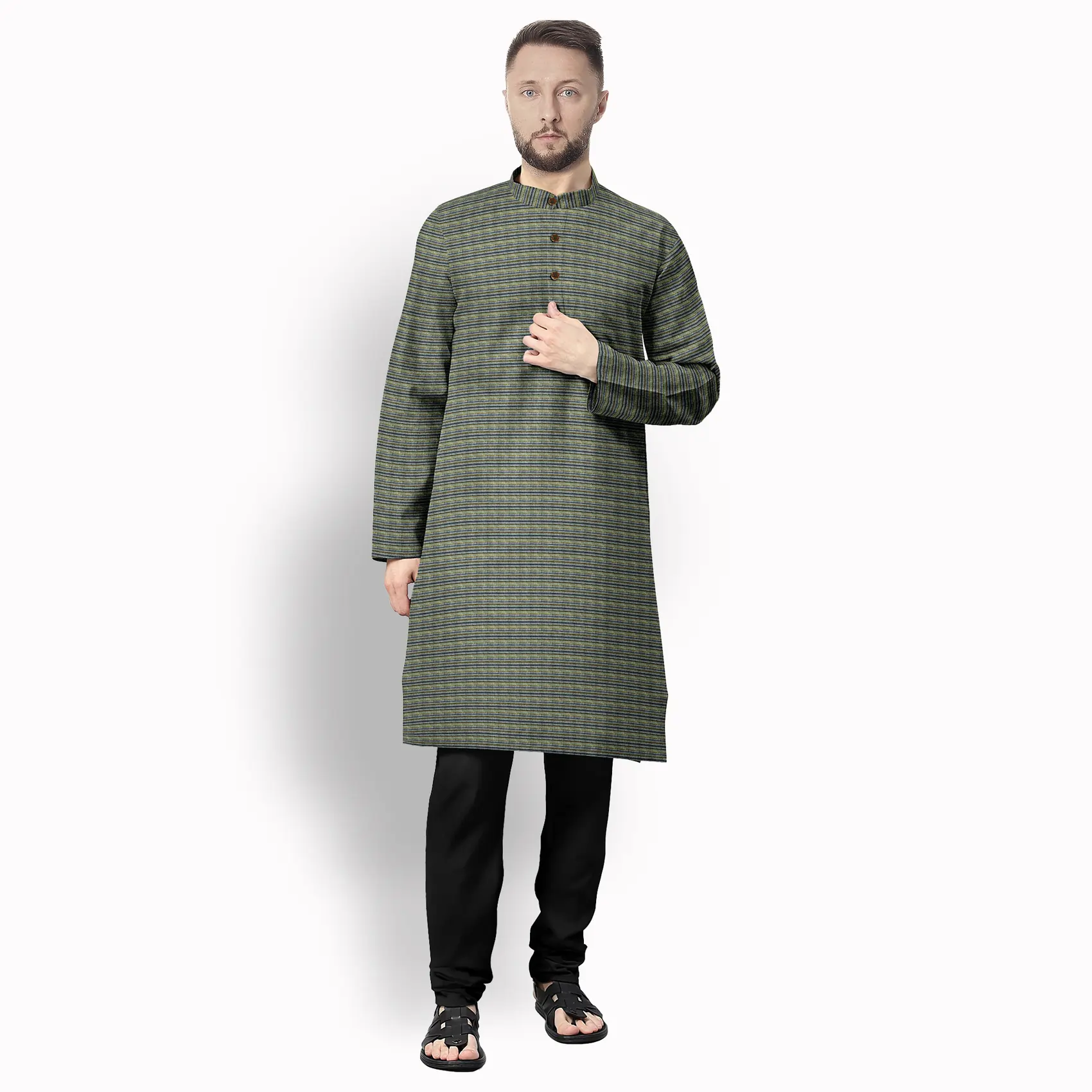 Grey With Parrot Green & Deep Blue Jharna Pattern Cotton Kurta