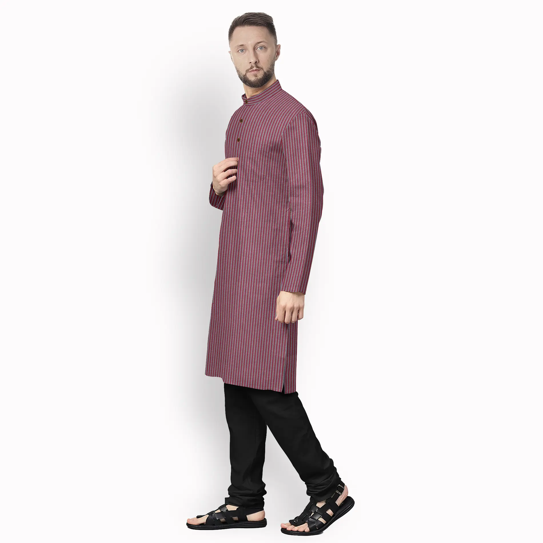 Maroon With White & Salmon Stripe Cotton Kurta - Image 2