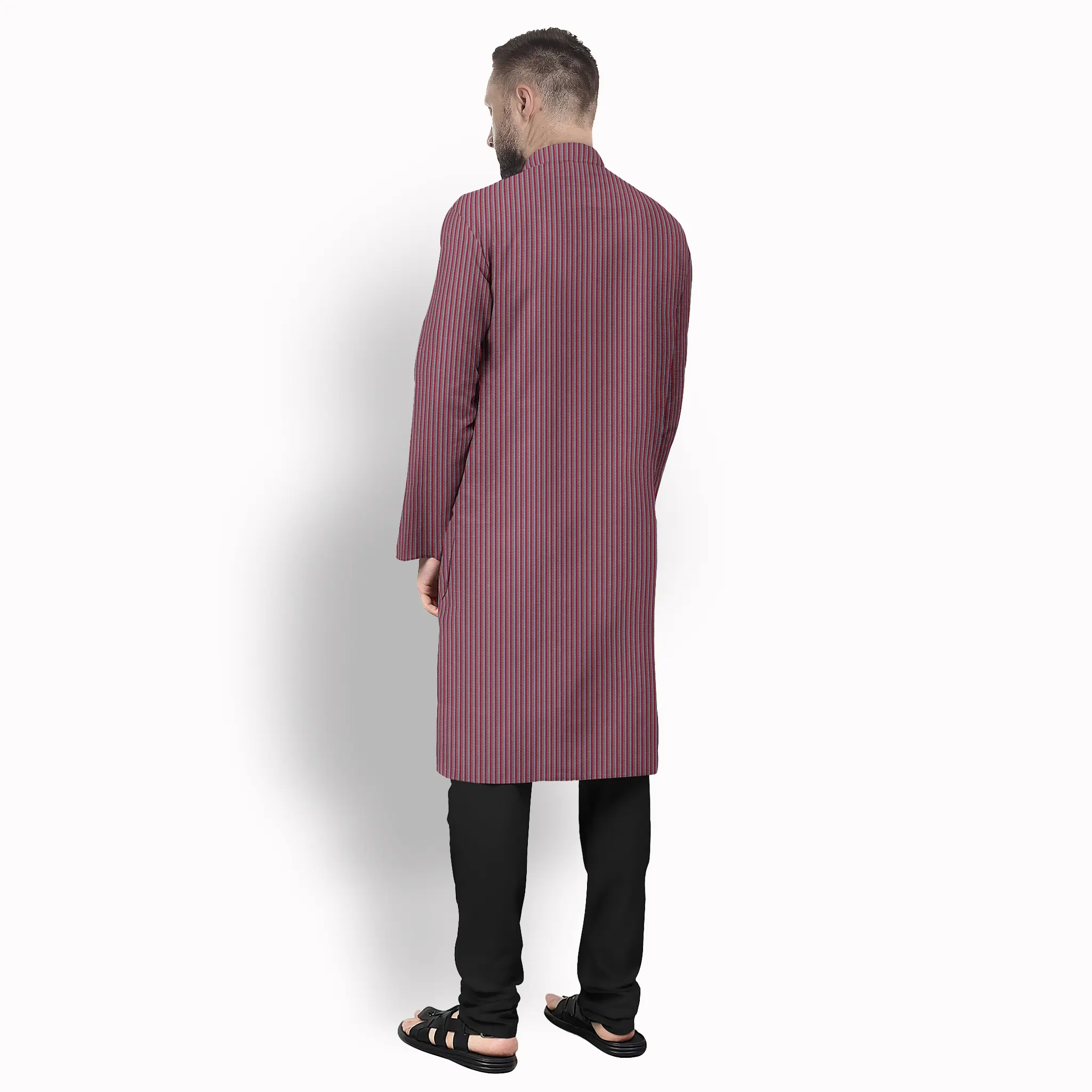 Maroon With White & Salmon Stripe Cotton Kurta - Image 3