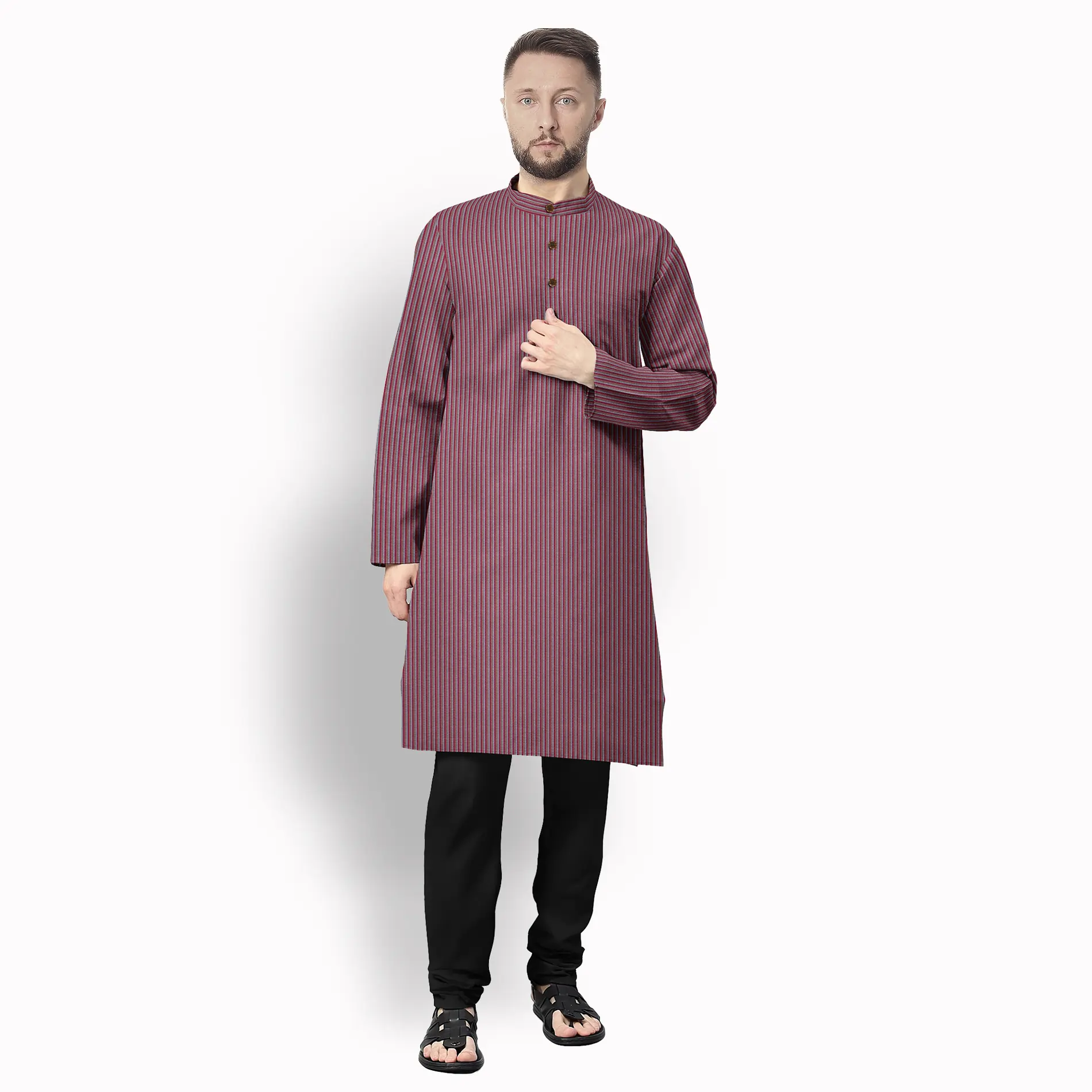 Maroon With White & Salmon Stripe Cotton Kurta