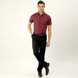 Maroon With Light Brown Stripe Cotton Half Sleeve Shirt