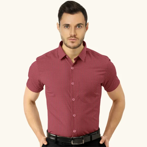 Maroon With Light Brown Stripe Cotton Half Sleeve Shirt - Image 2
