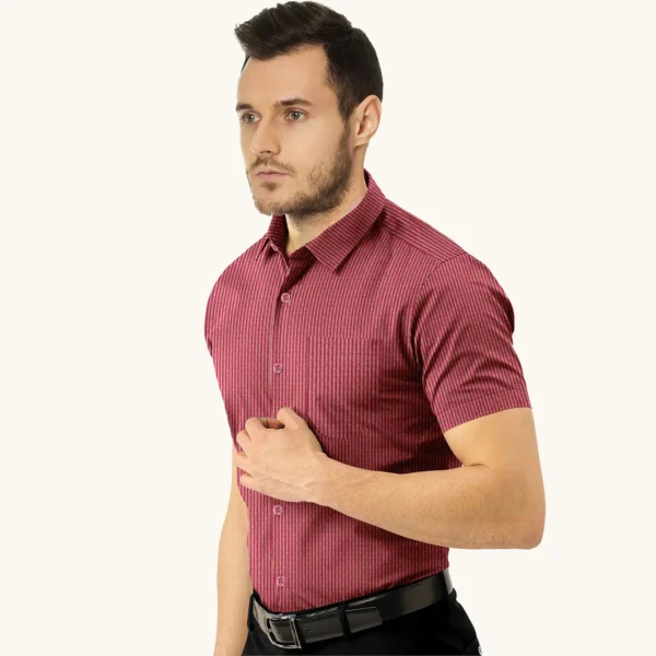 Maroon With Light Brown Stripe Cotton Half Sleeve Shirt - Image 3