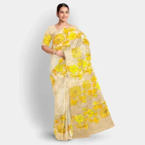 Tussar Yellow Floral Work Kantha Work Saree