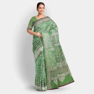 Green Shaded With White Silk Kantha Work Saree