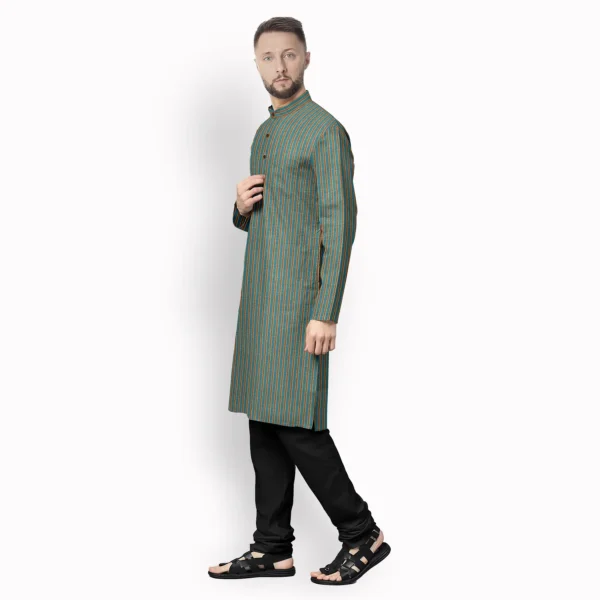 Peacock Green With Multicolour Stripe Cotton Kurta - Image 2