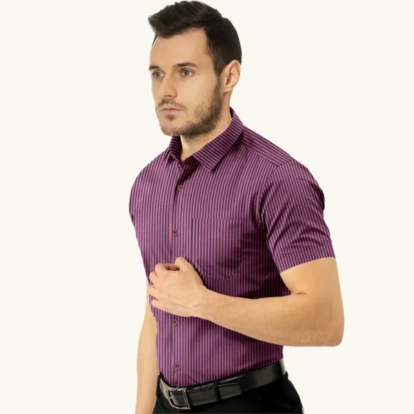 Purple And Black Striped Cotton Half Sleeve Shirt - Image 3
