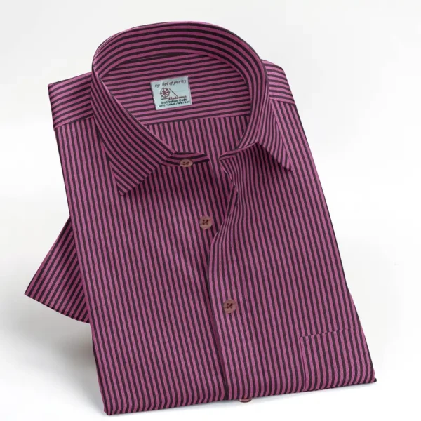 Purple And Black Striped Cotton Half Sleeve Shirt - Image 5
