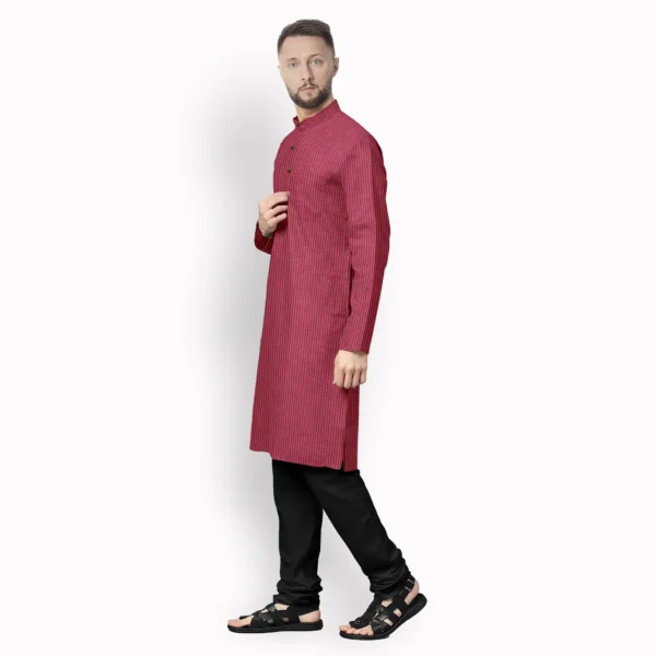Red With Traditional Khadi Jharna Pattern Stripe Cotton Kurta - Image 2