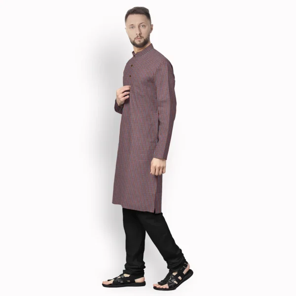 Purple, White & Yellow Symmetrical Stripe Cotton Kurta - Image 2