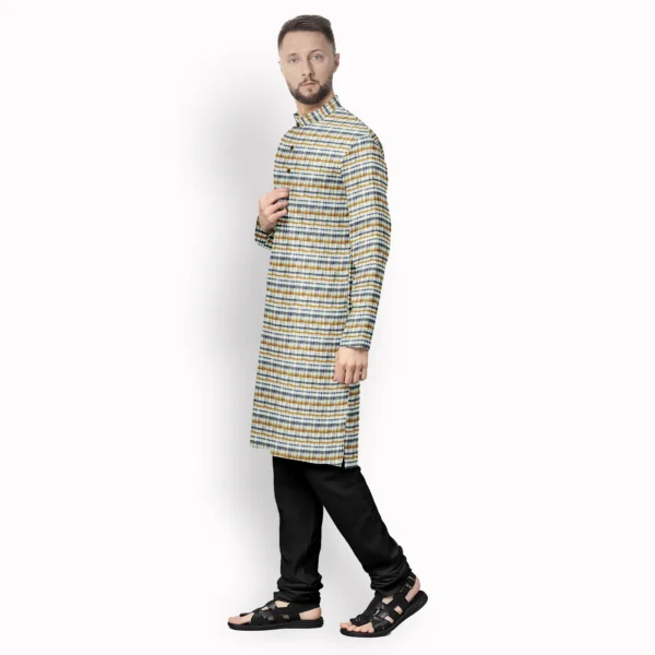 White With Multicolour Jharna And Blue With Brown Stripe Cotton Kurta - Image 2