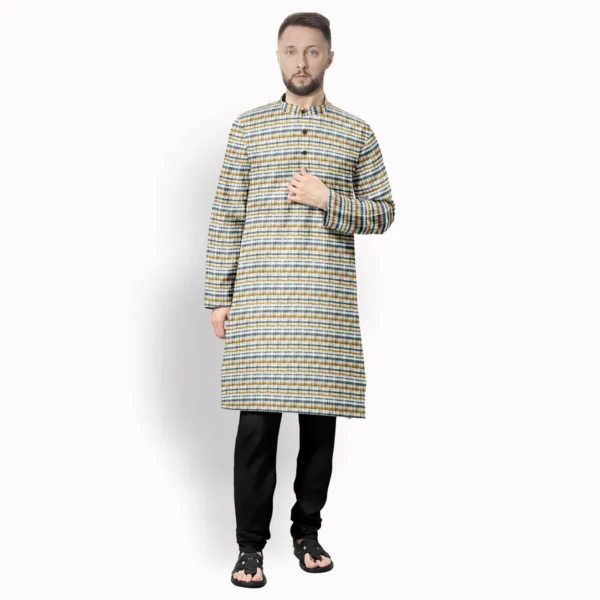 White With Multicolour Jharna And Blue With Brown Stripe Cotton Kurta