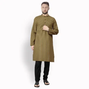 Yellow With Black And Steel Blue Stripe Cotton Kurta