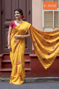 Golden Yellow Floral Silk Parshi Work Saree