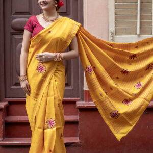 Golden Yellow Floral Silk Parshi Work Saree