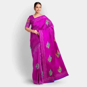Deep Pink With Floral Silk Parshi Work Saree