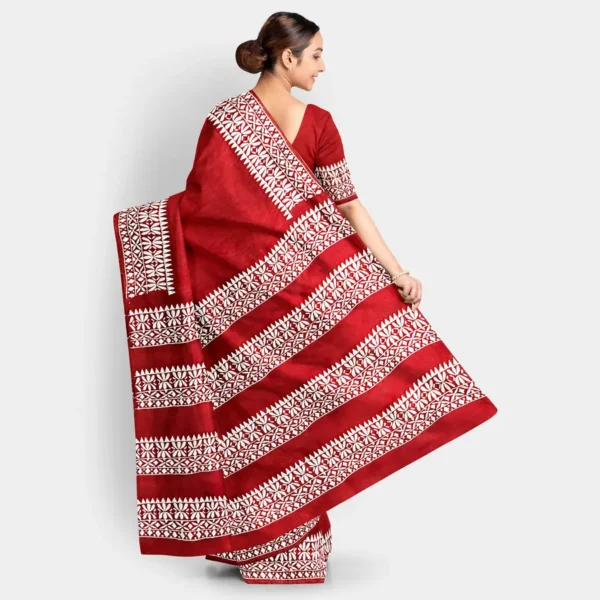 Brick Colour With White Silk Kantha Work Saree - Image 4