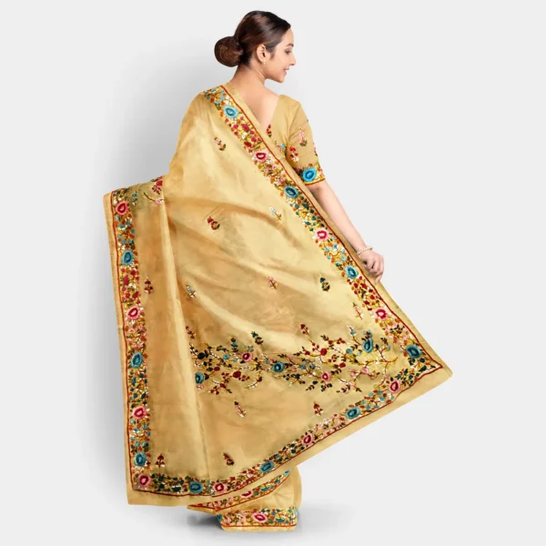 Light Brown Silk Floral Parshi Work Saree - Image 4