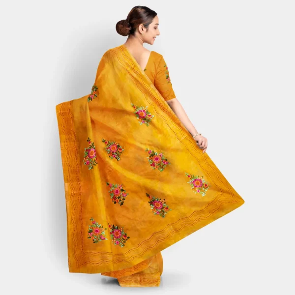 Golden Yellow Floral Silk Parshi Work Saree - Image 4