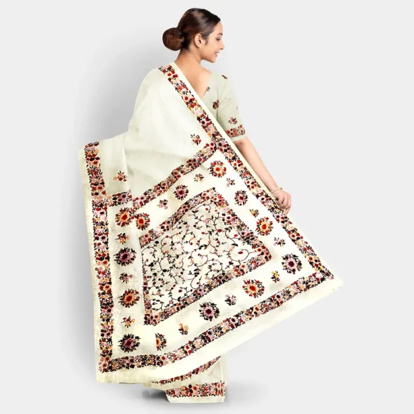White With Floral Parshi Work Silk Saree - Image 4