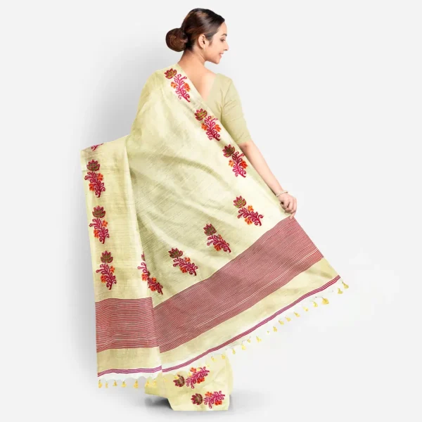 Cream Jamdani Work Matka Silk Saree - Image 4